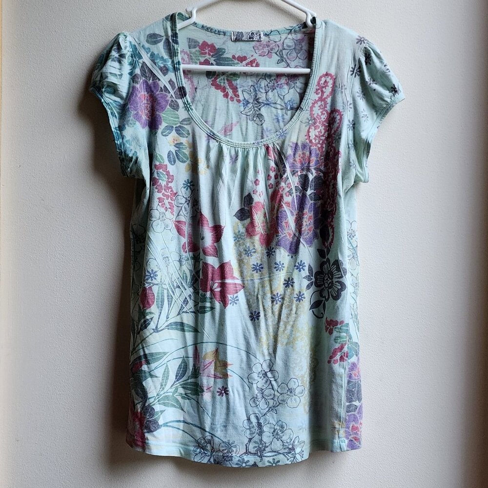 Love Amour Blue/Purple Floral Scoop Neck Short Sleeve Jersey Size XL
